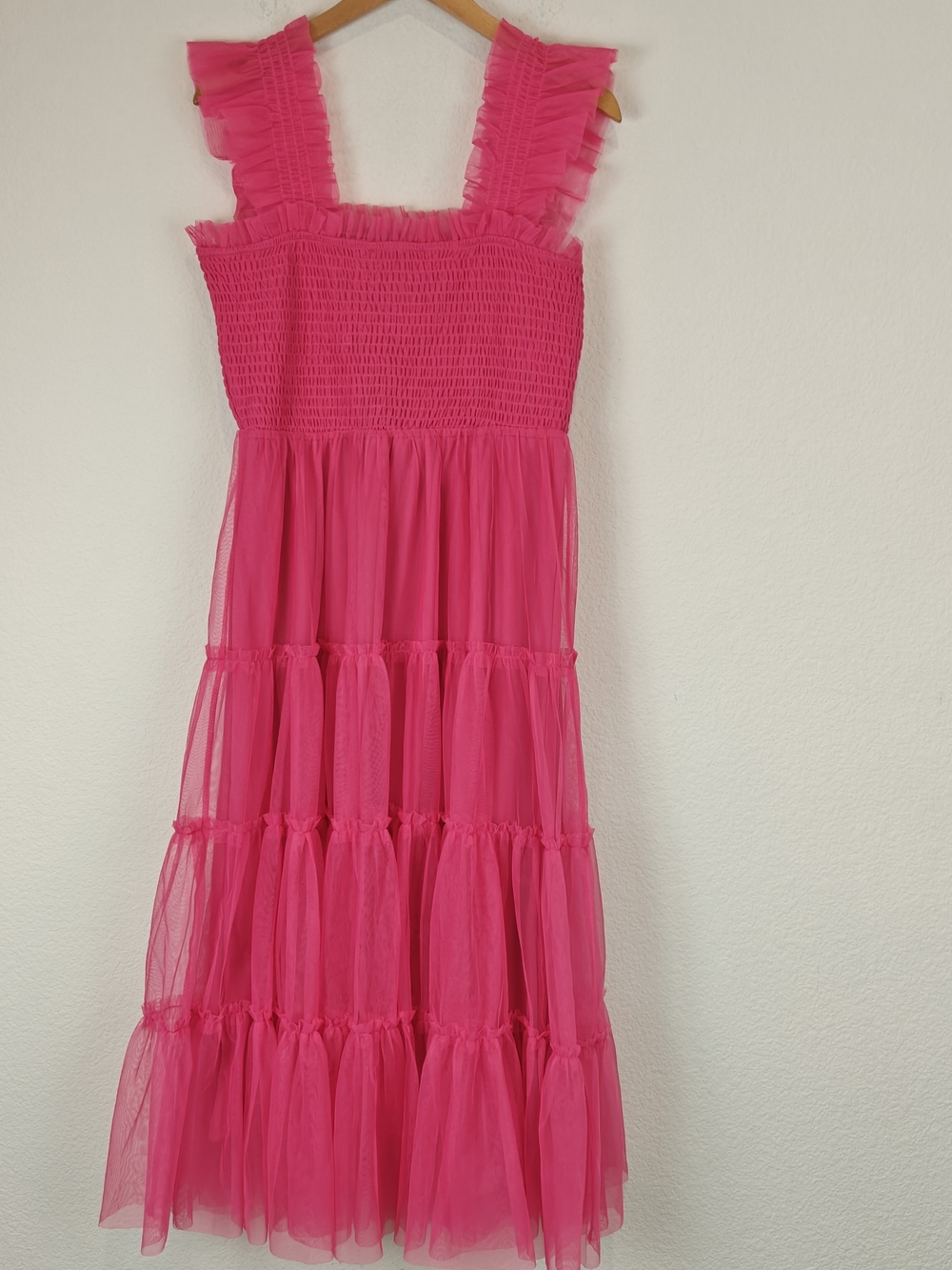 Baltic Born Hot Pink Smocked Tulle Midi Dress Romantic Formal Gown Sz LG - Picture 11 of 14